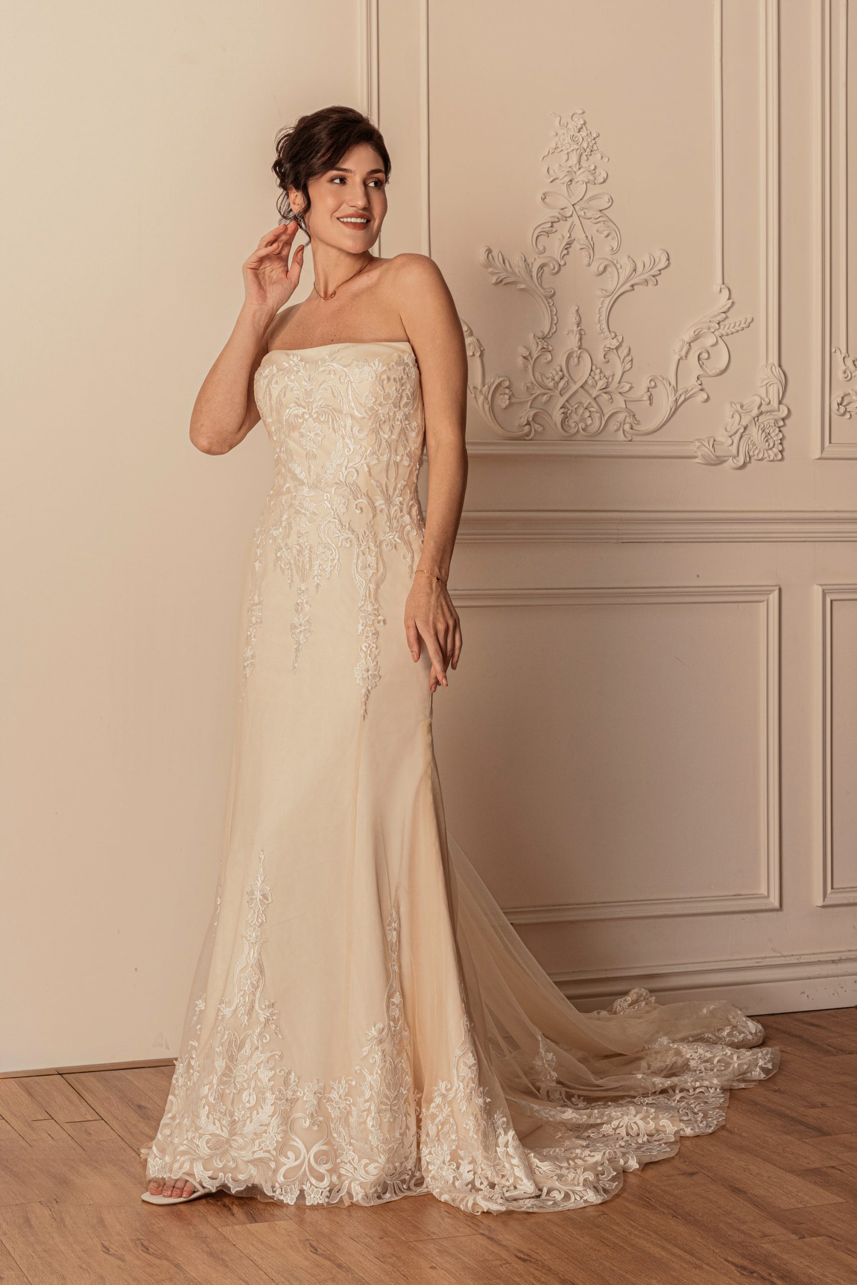 slim fit dress slacks Mermaid Champagne Wedding Dress V-Neck Lace Glitter Champagne / US:4-6